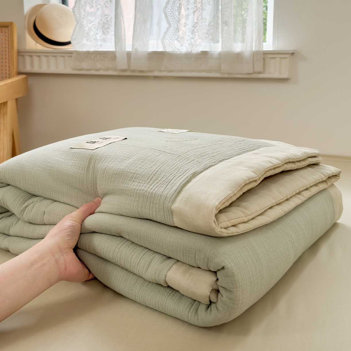 91家纺网 家纺一手货源 找家纺 雯雨家纺 2026新款里外全棉皱皱纱棉花夏被夏凉被空调被 全棉皱皱纱-豆绿