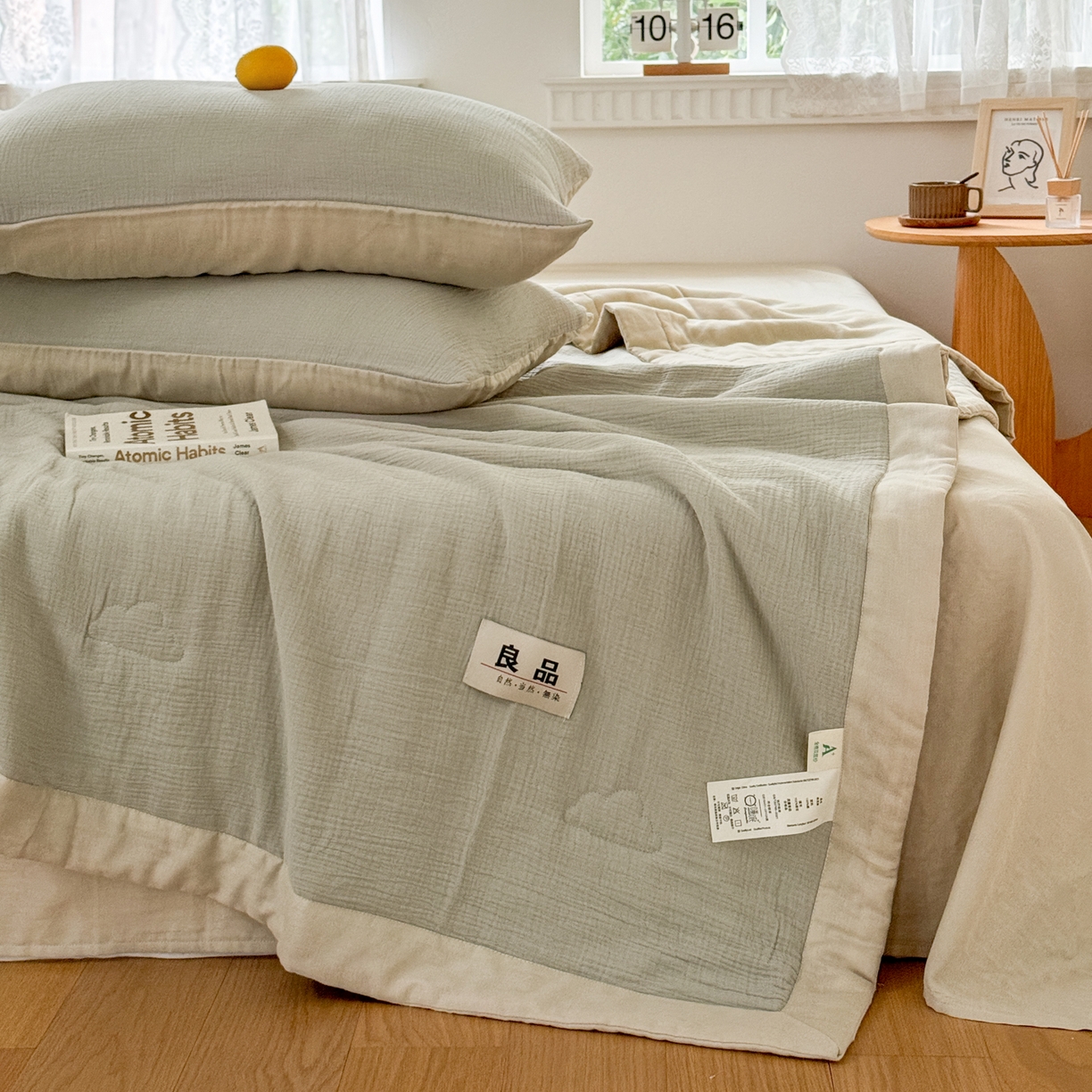 91家纺网 家纺一手货源 找家纺 雯雨家纺 2026新款里外全棉皱皱纱棉花夏被夏凉被空调被 全棉皱皱纱-豆绿