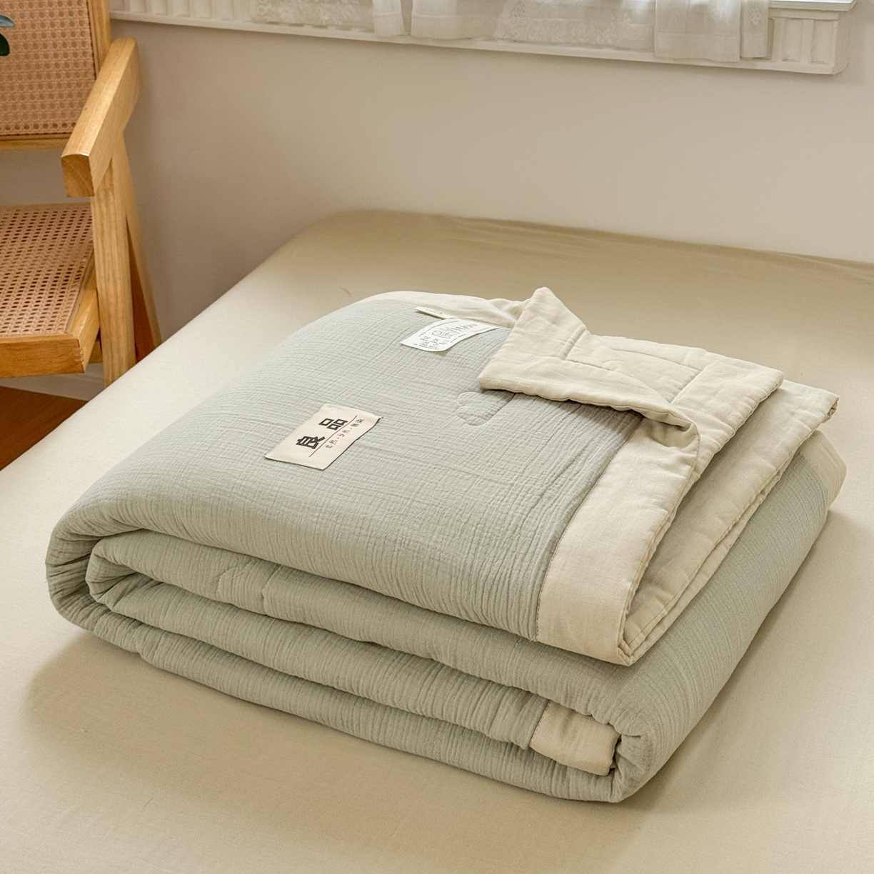 91家纺网 家纺一手货源 找家纺 雯雨家纺 2026新款里外全棉皱皱纱棉花夏被夏凉被空调被 全棉皱皱纱-豆绿