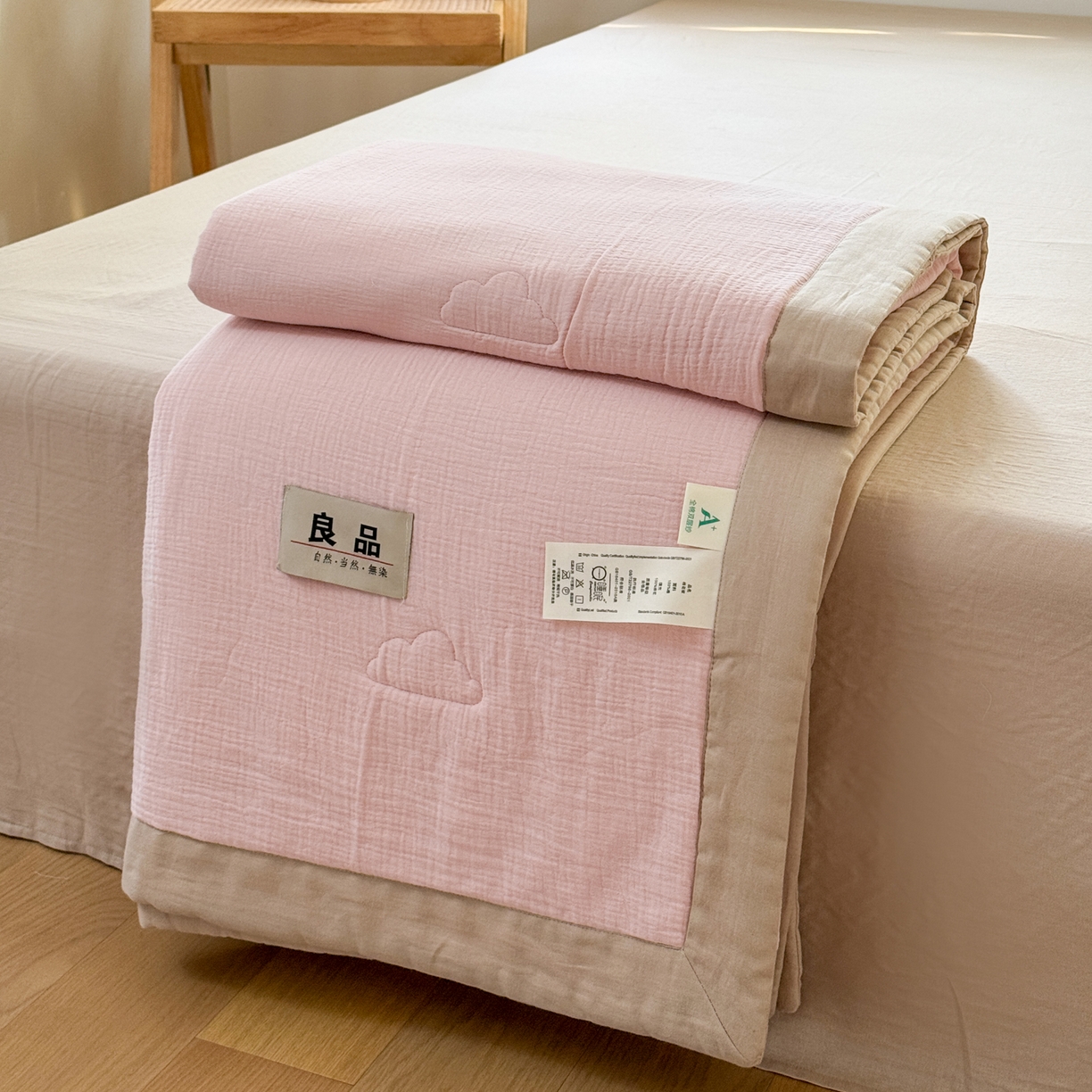 91家纺网 家纺一手货源 找家纺 雯雨家纺 2026新款里外全棉皱皱纱棉花夏被夏凉被空调被 全棉皱皱纱-肉粉