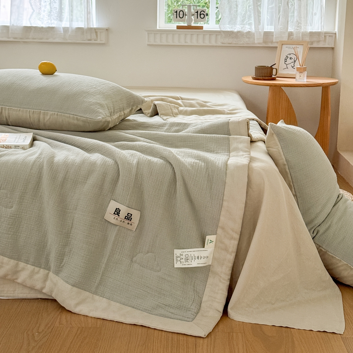 91家纺网 家纺一手货源 找家纺 雯雨家纺 2026新款里外全棉皱皱纱棉花夏被夏凉被空调被 全棉皱皱纱-豆绿