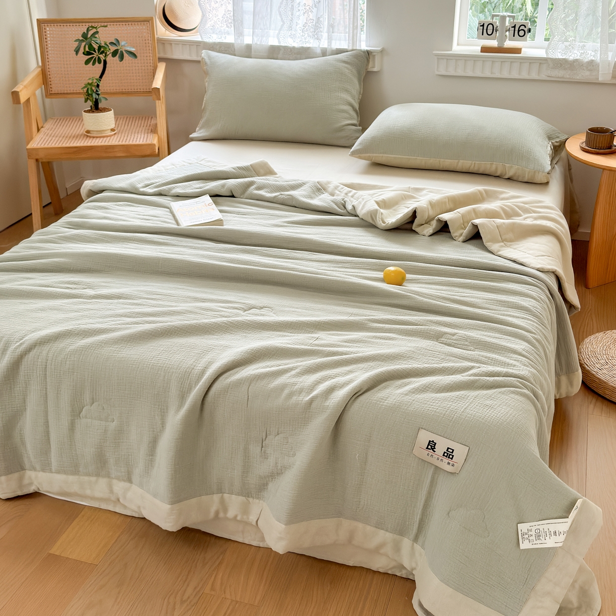 91家纺网 家纺一手货源 找家纺 雯雨家纺 2026新款里外全棉皱皱纱棉花夏被夏凉被空调被 全棉皱皱纱-豆绿