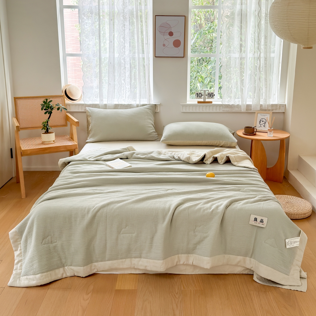 91家纺网 家纺一手货源 找家纺 雯雨家纺 2026新款里外全棉皱皱纱棉花夏被夏凉被空调被 全棉皱皱纱-豆绿