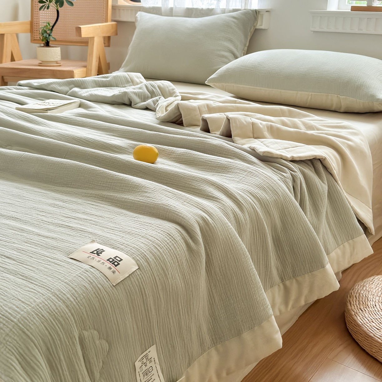 91家纺网 家纺一手货源 找家纺 雯雨家纺 2026新款里外全棉皱皱纱棉花夏被夏凉被空调被 全棉皱皱纱-豆绿