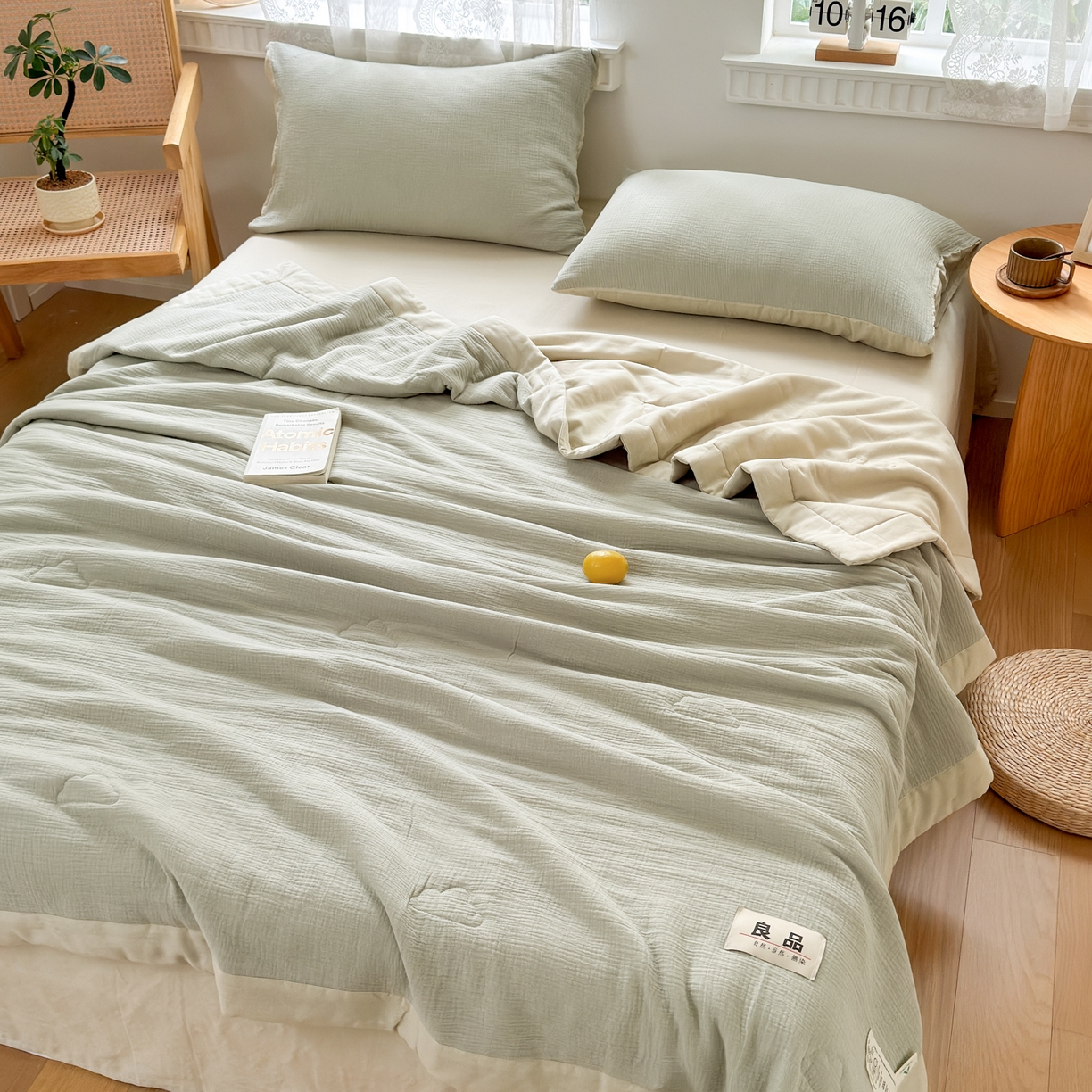 91家纺网 家纺一手货源 找家纺 雯雨家纺 2026新款里外全棉皱皱纱棉花夏被夏凉被空调被 全棉皱皱纱-豆绿