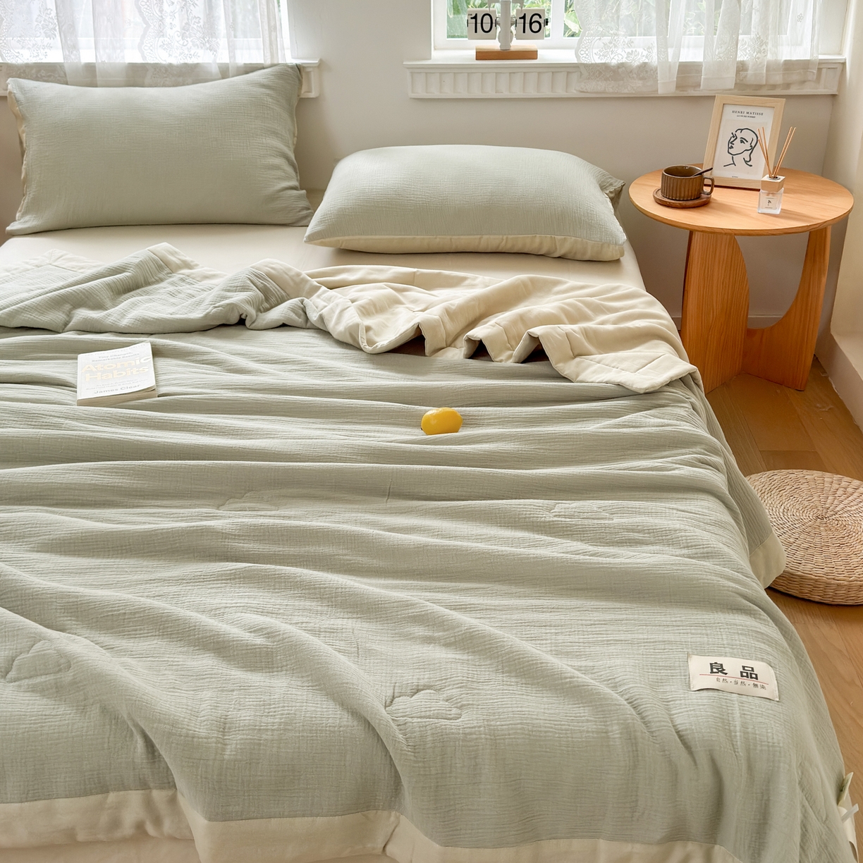 91家纺网 家纺一手货源 找家纺 雯雨家纺 2026新款里外全棉皱皱纱棉花夏被夏凉被空调被 全棉皱皱纱-豆绿