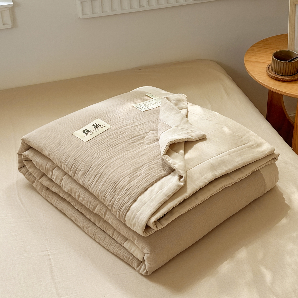 91家纺网 家纺一手货源 找家纺 雯雨家纺 2026新款里外全棉皱皱纱棉花夏被夏凉被空调被 全棉皱皱纱-米褐色