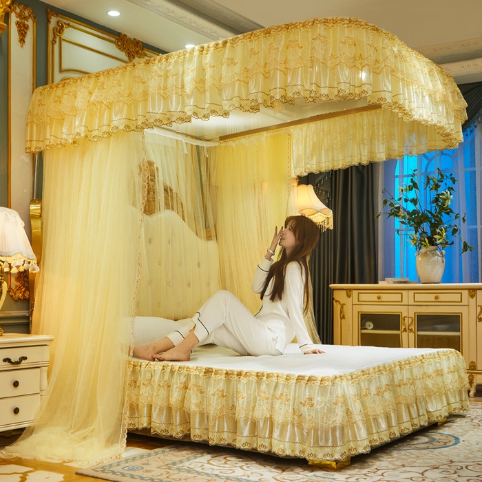91家纺网 家纺一手货源 找家纺 舞夜盛世 2026新款u型拉幕导轨蚊帐轨道蚊帐落地宫廷蚊帐—风华正茂 风华正茂-黄色