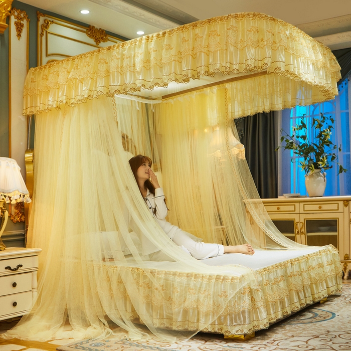 91家纺网 家纺一手货源 找家纺 舞夜盛世 2026新款u型拉幕导轨蚊帐轨道蚊帐落地宫廷蚊帐—风华正茂 风华正茂-黄色