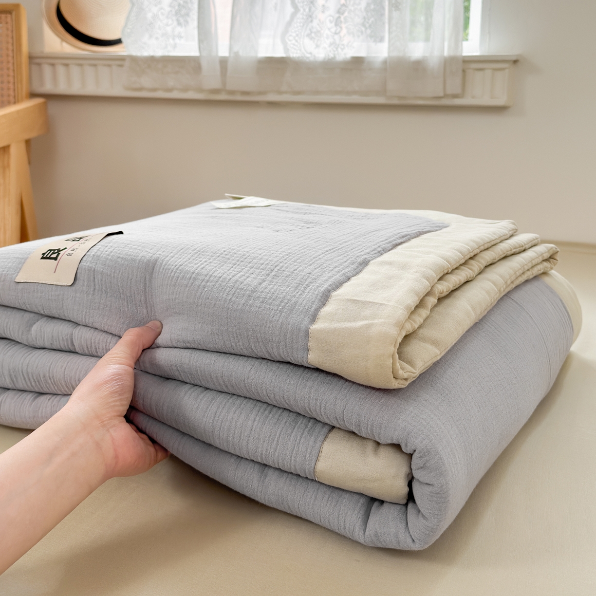 91家纺网 家纺一手货源 找家纺 雯雨家纺 2026新款里外全棉皱皱纱棉花夏被夏凉被空调被 全棉皱皱纱-烟灰