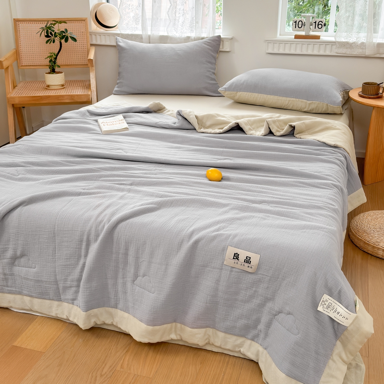 91家纺网 家纺一手货源 找家纺 雯雨家纺 2026新款里外全棉皱皱纱棉花夏被夏凉被空调被 全棉皱皱纱-烟灰