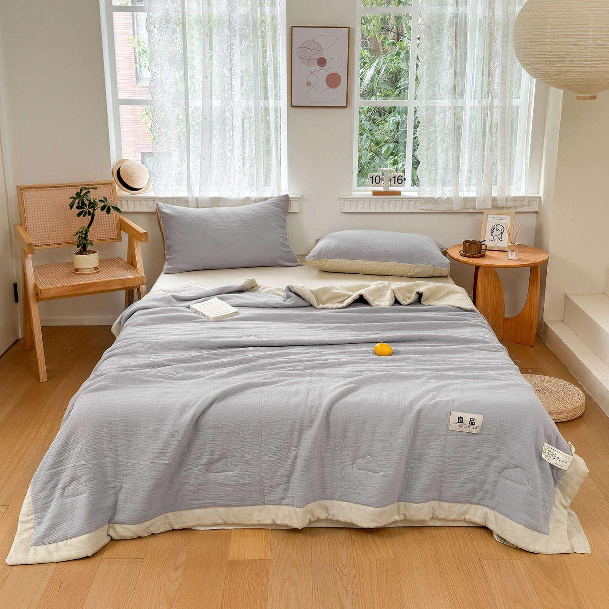 91家纺网 家纺一手货源 找家纺 雯雨家纺 2026新款里外全棉皱皱纱棉花夏被夏凉被空调被 全棉皱皱纱-烟灰