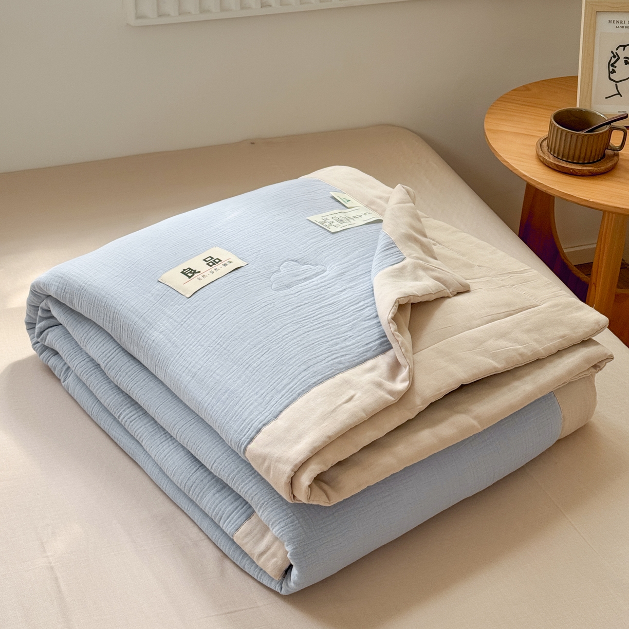 91家纺网 家纺一手货源 找家纺 雯雨家纺 2026新款里外全棉皱皱纱棉花夏被夏凉被空调被 全棉皱皱纱-天蓝