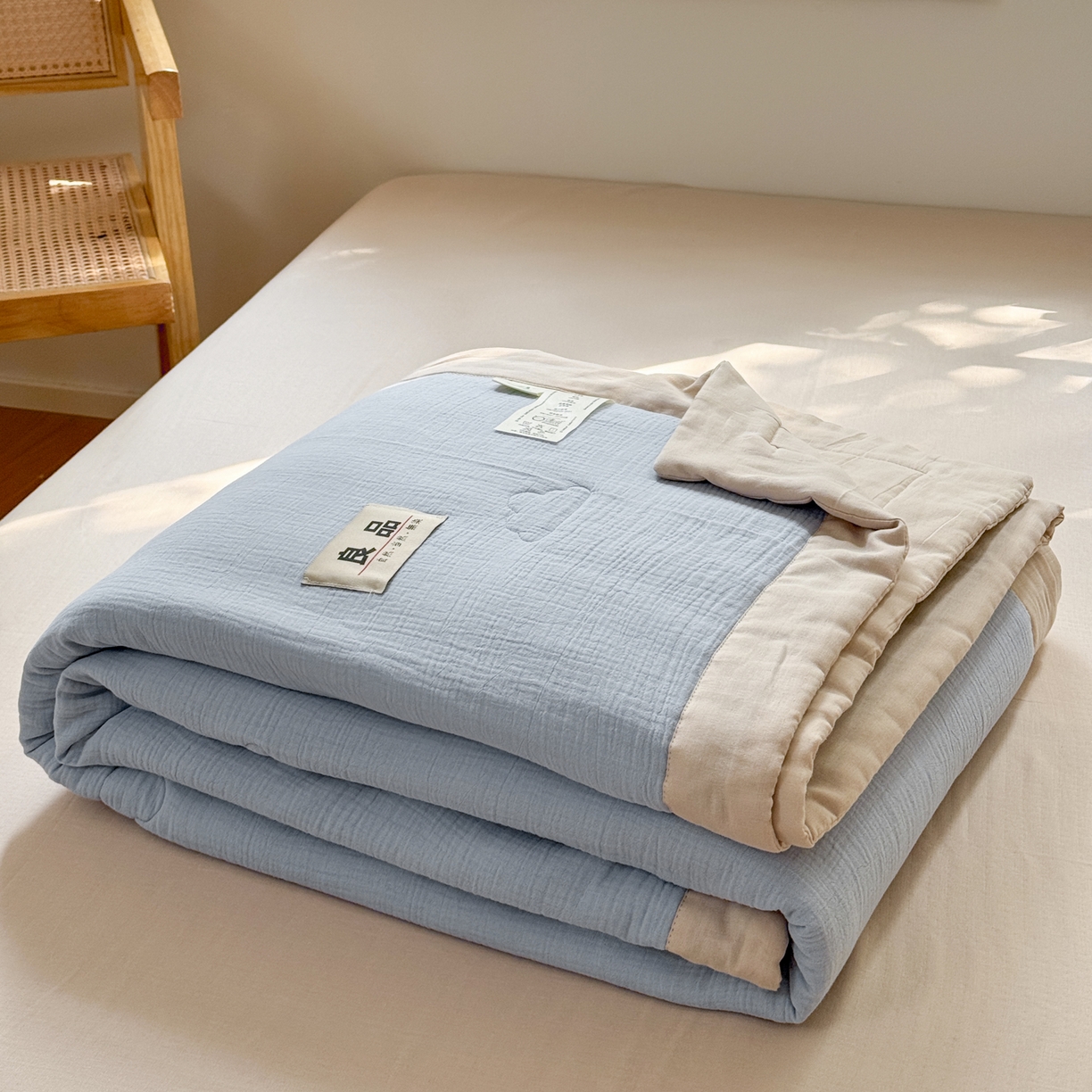 91家纺网 家纺一手货源 找家纺 雯雨家纺 2026新款里外全棉皱皱纱棉花夏被夏凉被空调被 全棉皱皱纱-天蓝