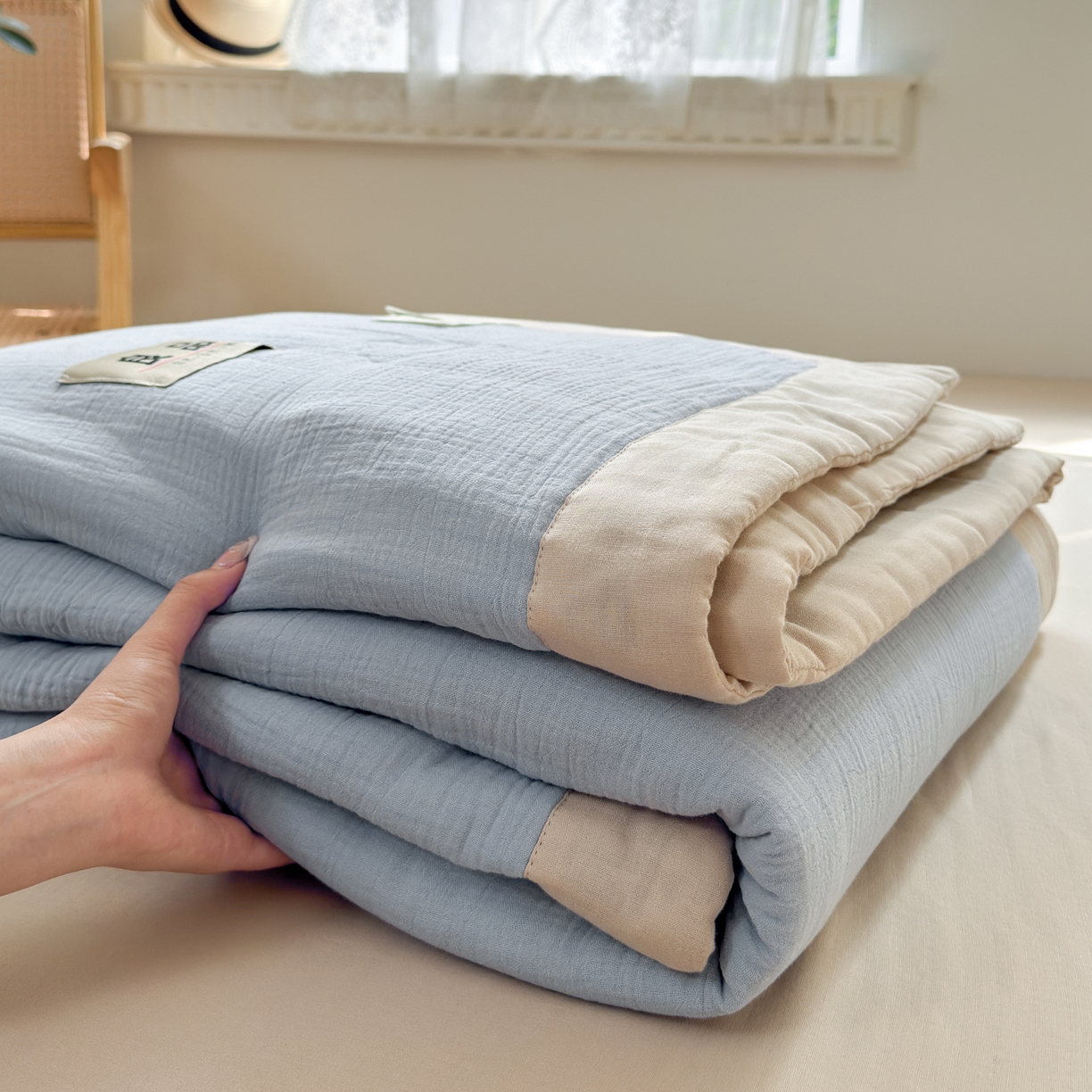 91家纺网 家纺一手货源 找家纺 雯雨家纺 2026新款里外全棉皱皱纱棉花夏被夏凉被空调被 全棉皱皱纱-天蓝