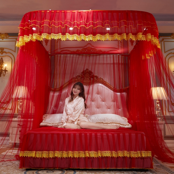 91家纺网 家纺一手货源 找家纺 （总）舞夜盛世 2026新款u型拉幕导轨蚊帐轨道蚊帐落地宫廷蚊帐—刺绣轨道款-大红