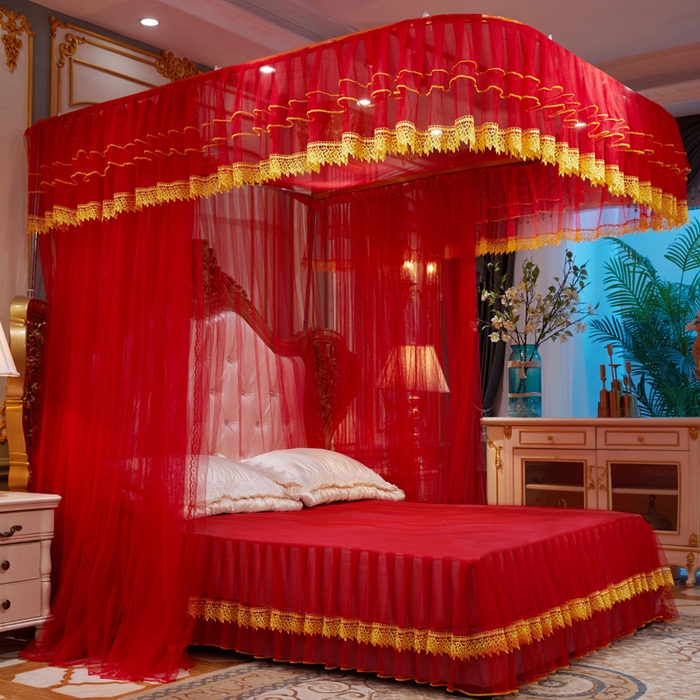 91家纺网 家纺一手货源 找家纺 （总）舞夜盛世 2026新款u型拉幕导轨蚊帐轨道蚊帐落地宫廷蚊帐—刺绣轨道款-大红