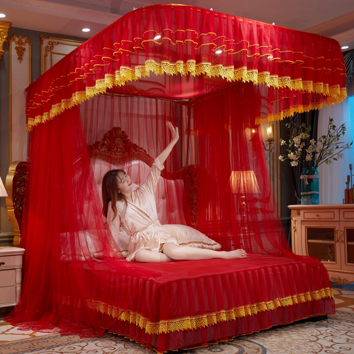 91家纺网 家纺一手货源 找家纺 （总）舞夜盛世 2026新款u型拉幕导轨蚊帐轨道蚊帐落地宫廷蚊帐—刺绣轨道款-大红