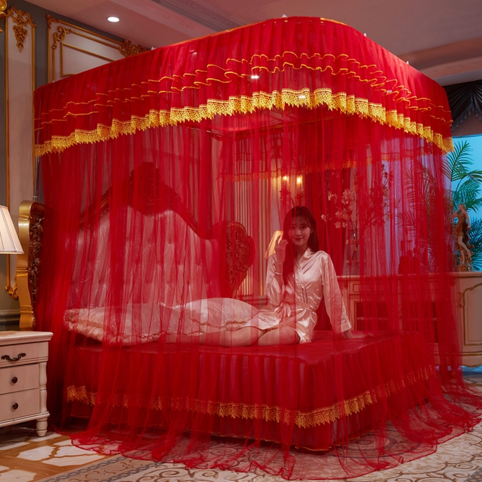 91家纺网 家纺一手货源 找家纺 （总）舞夜盛世 2026新款u型拉幕导轨蚊帐轨道蚊帐落地宫廷蚊帐—刺绣轨道款-大红