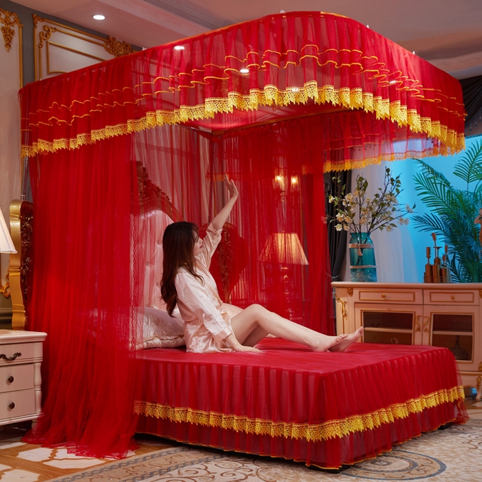 91家纺网 家纺一手货源 找家纺 （总）舞夜盛世 2026新款u型拉幕导轨蚊帐轨道蚊帐落地宫廷蚊帐—刺绣轨道款-大红