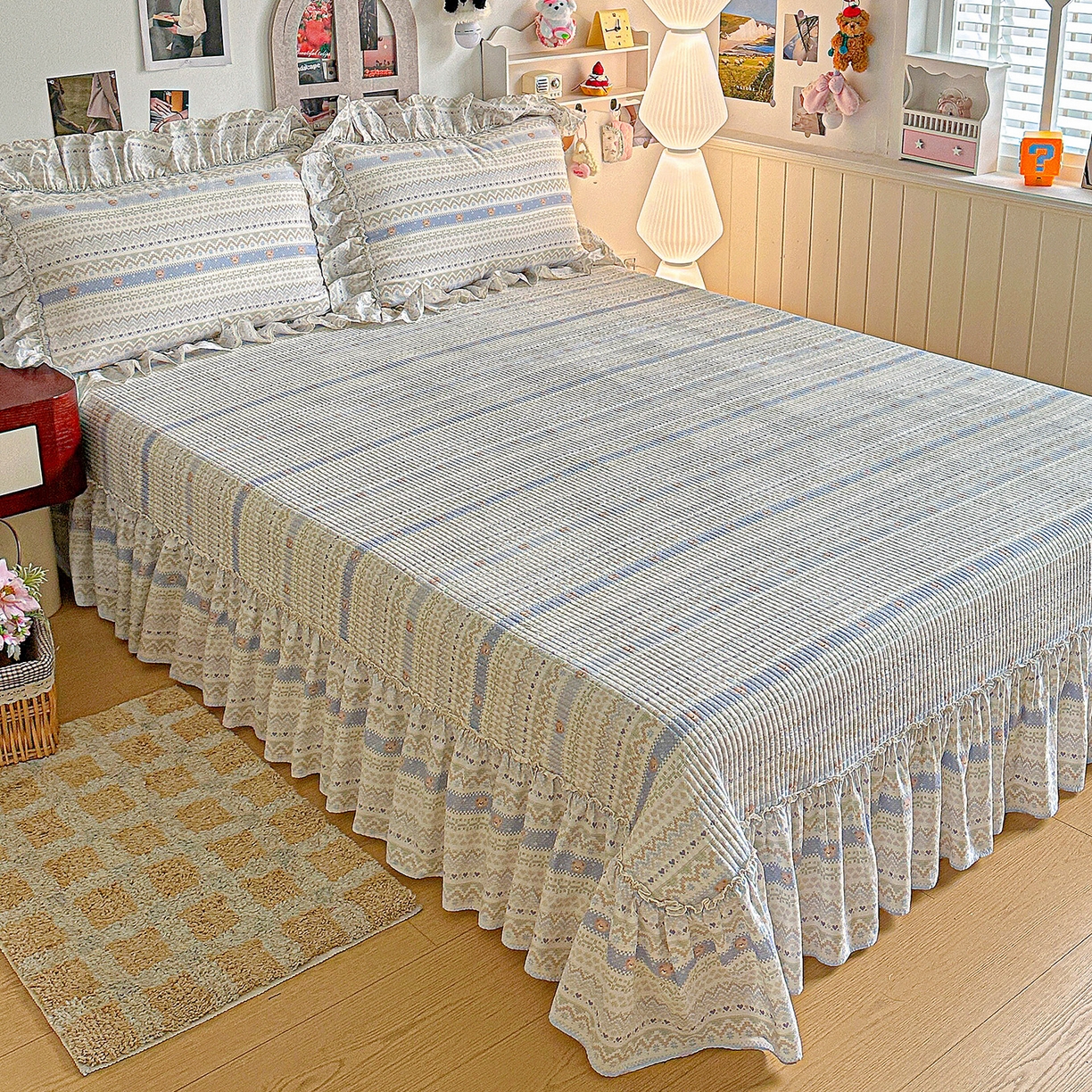 91家纺网 家纺一手货源 找家纺 （总）家维家纺 2026新款（常年不断货）A类全棉夹棉韩系大花边高温砂洗床盖四件套【提供买家秀】