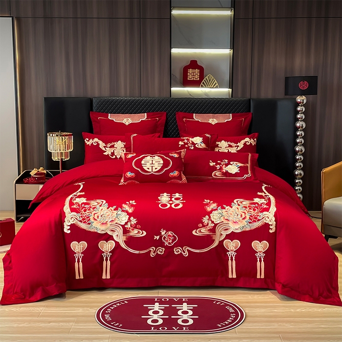 91家纺网 家纺一手货源 找家纺 2026年新款中式亲肤加厚双面磨毛婚庆四件套刺绣多件套甜甜蜜蜜