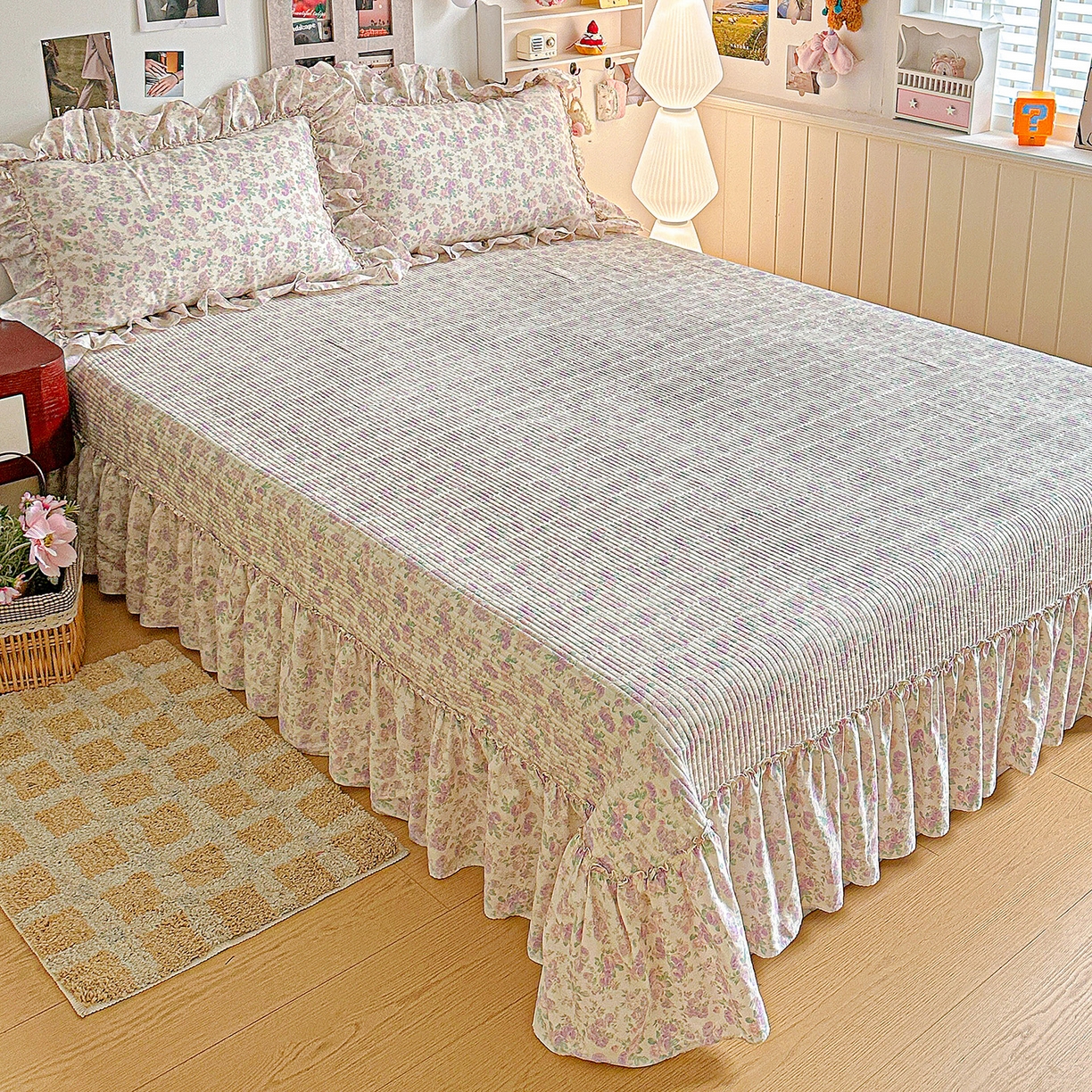 91家纺网 家纺一手货源 找家纺 家维家纺 2026新款（常年不断货）A类全棉夹棉韩系大花边高温砂洗床盖四件套【提供买家秀】 春暖花开