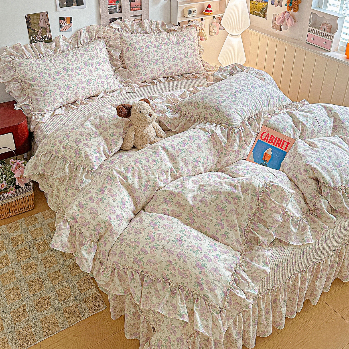 91家纺网 家纺一手货源 找家纺 家维家纺 2026新款（常年不断货）A类全棉夹棉韩系大花边高温砂洗床盖四件套【提供买家秀】 春暖花开