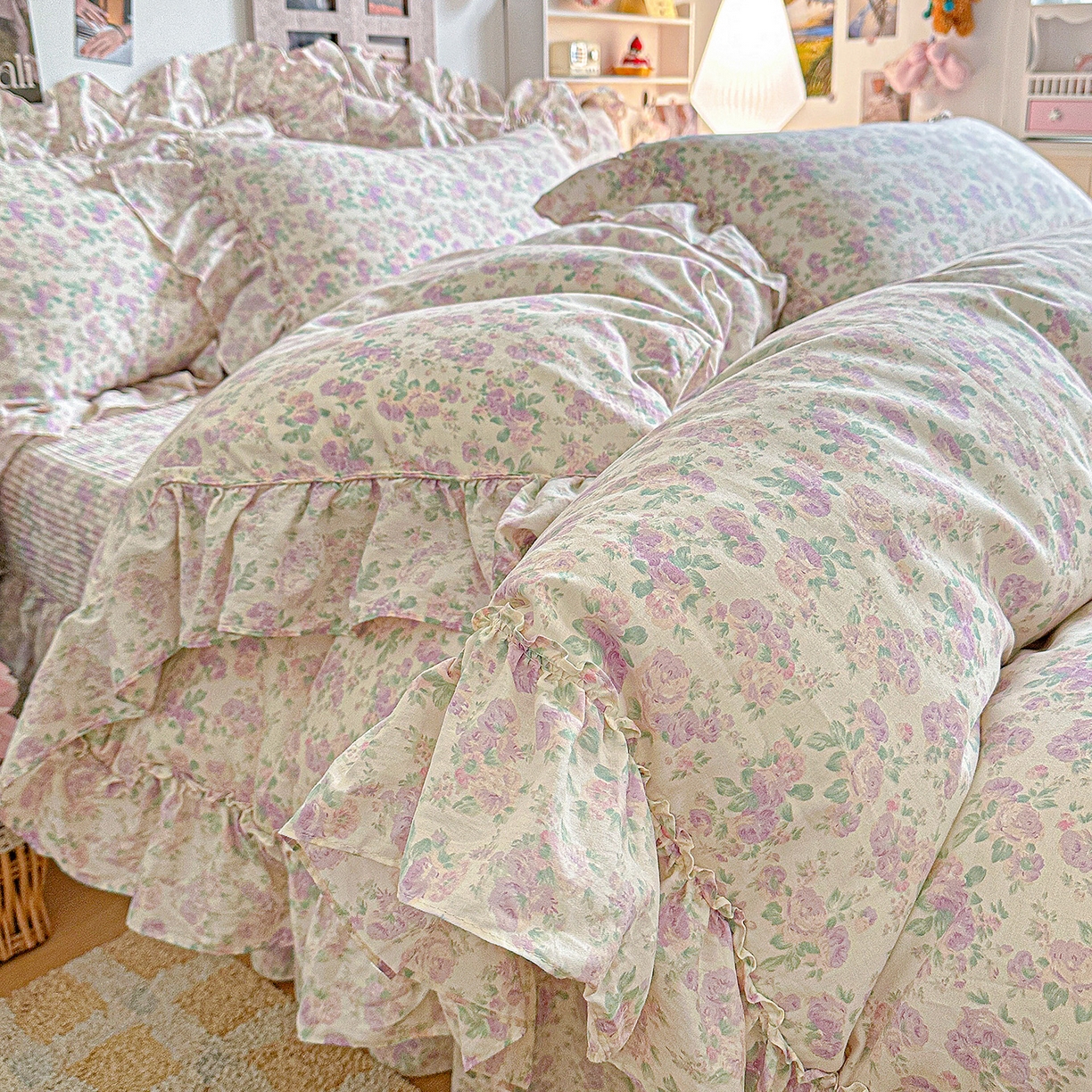 91家纺网 家纺一手货源 找家纺 家维家纺 2026新款（常年不断货）A类全棉夹棉韩系大花边高温砂洗床盖四件套【提供买家秀】 春暖花开