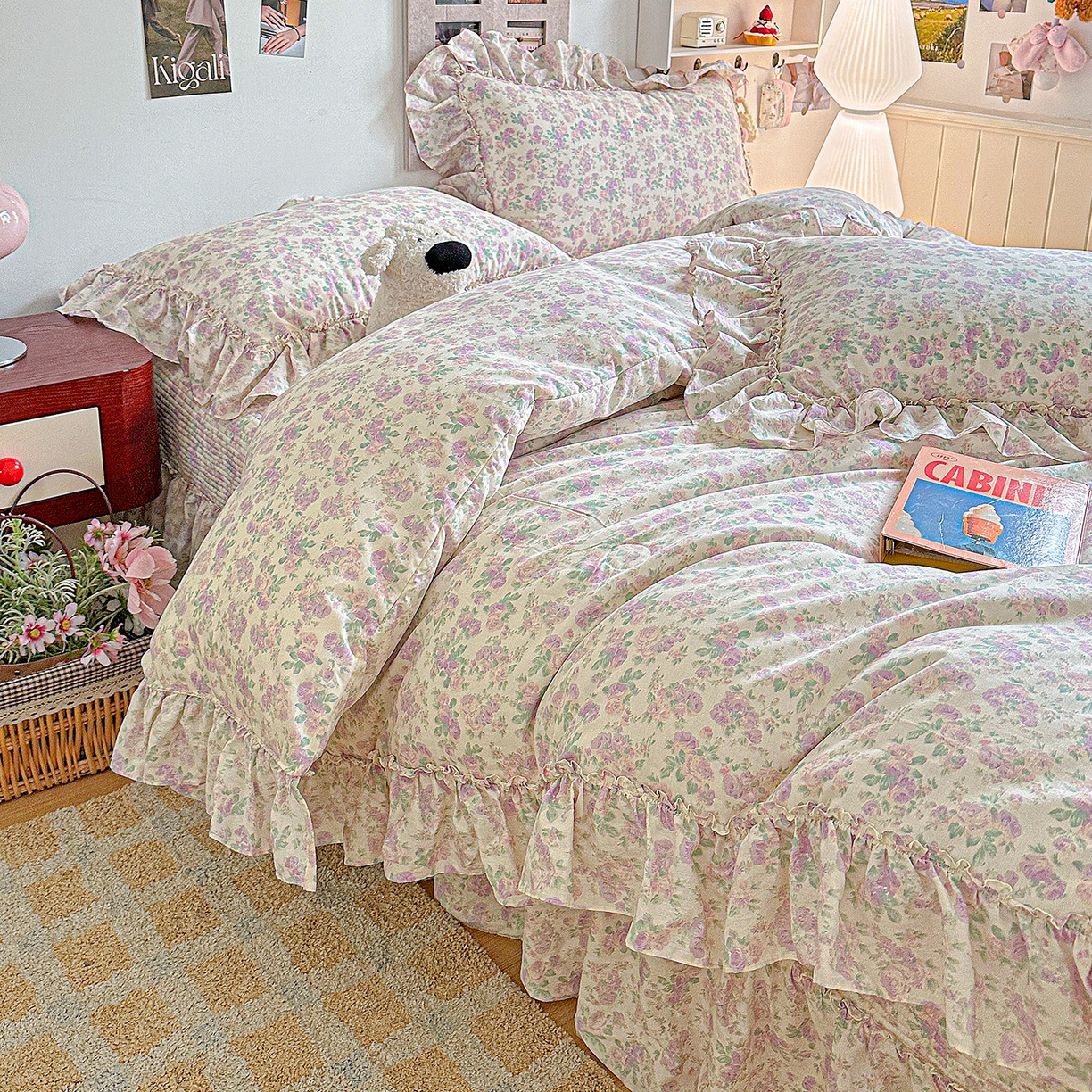 91家纺网 家纺一手货源 找家纺 家维家纺 2026新款（常年不断货）A类全棉夹棉韩系大花边高温砂洗床盖四件套【提供买家秀】 春暖花开