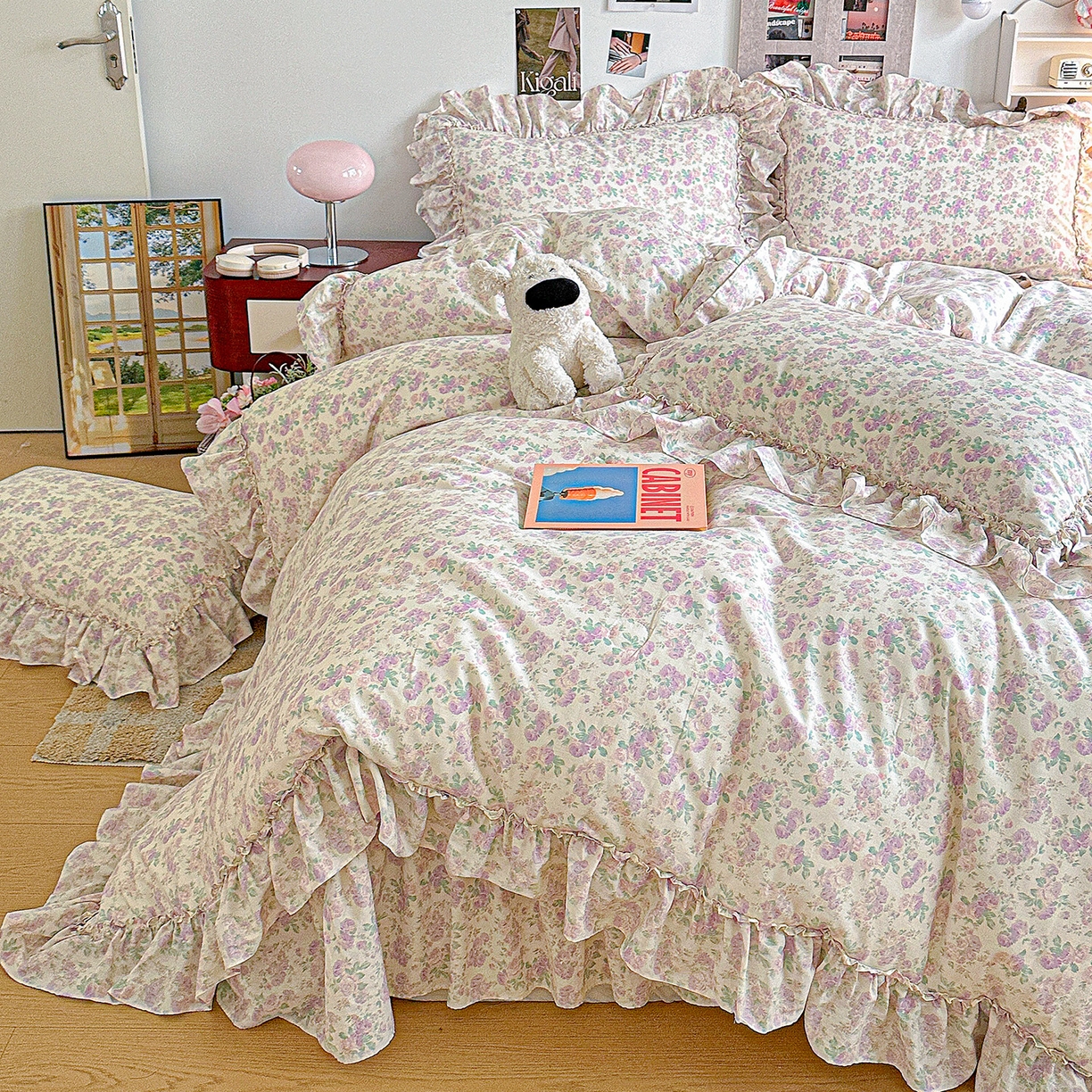 91家纺网 家纺一手货源 找家纺 家维家纺 2026新款（常年不断货）A类全棉夹棉韩系大花边高温砂洗床盖四件套【提供买家秀】 春暖花开