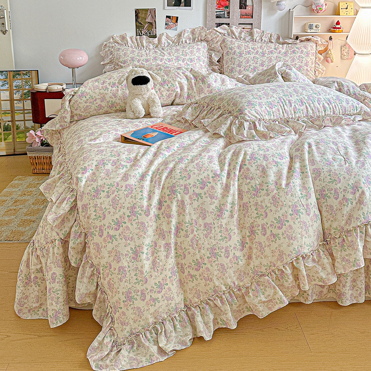 91家纺网 家纺一手货源 找家纺 家维家纺 2026新款（常年不断货）A类全棉夹棉韩系大花边高温砂洗床盖四件套【提供买家秀】 春暖花开