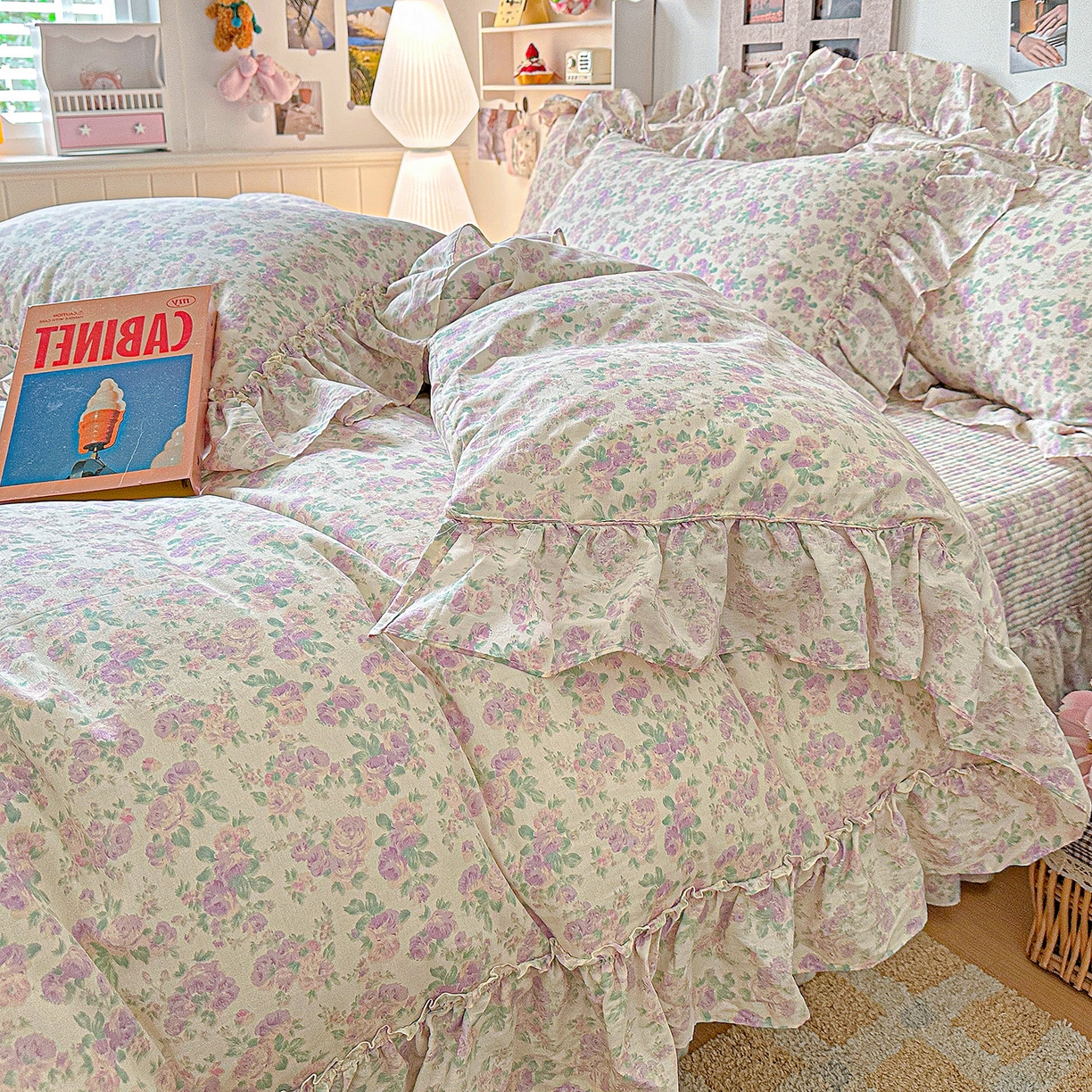 91家纺网 家纺一手货源 找家纺 家维家纺 2026新款（常年不断货）A类全棉夹棉韩系大花边高温砂洗床盖四件套【提供买家秀】 春暖花开