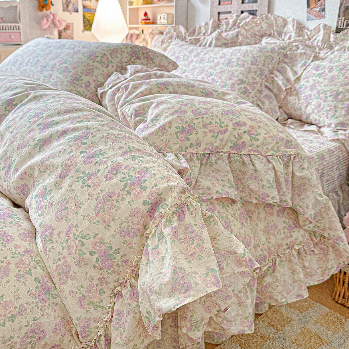 91家纺网 家纺一手货源 找家纺 家维家纺 2026新款（常年不断货）A类全棉夹棉韩系大花边高温砂洗床盖四件套【提供买家秀】 春暖花开