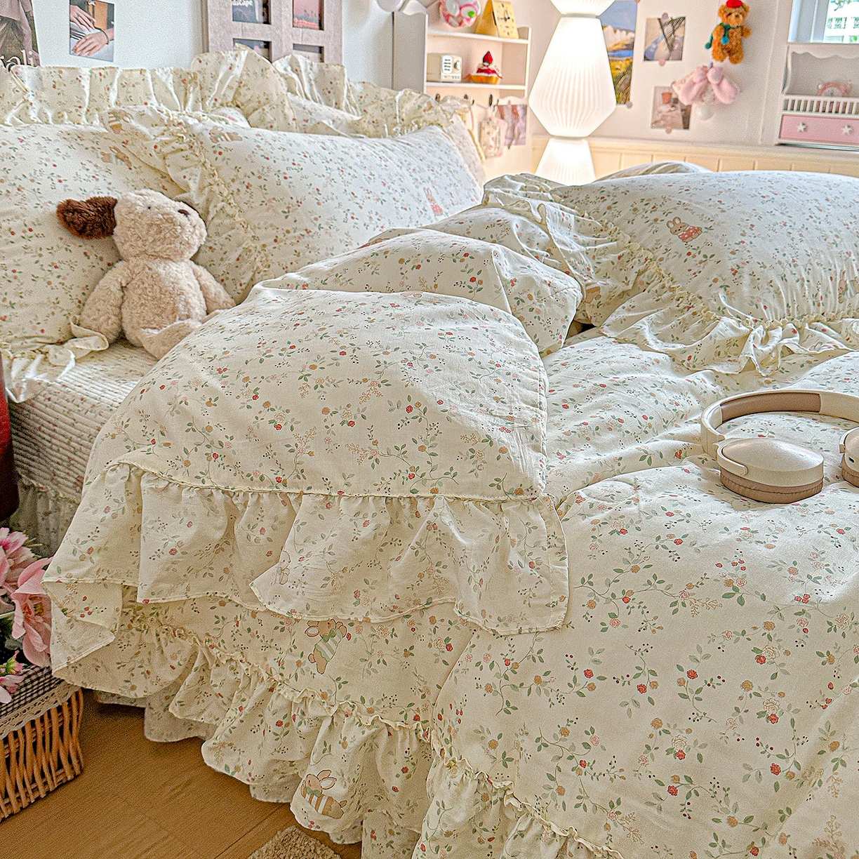 91家纺网 家纺一手货源 找家纺 家维家纺 2026新款（常年不断货）A类全棉夹棉韩系大花边高温砂洗床盖四件套【提供买家秀】 月兔花园