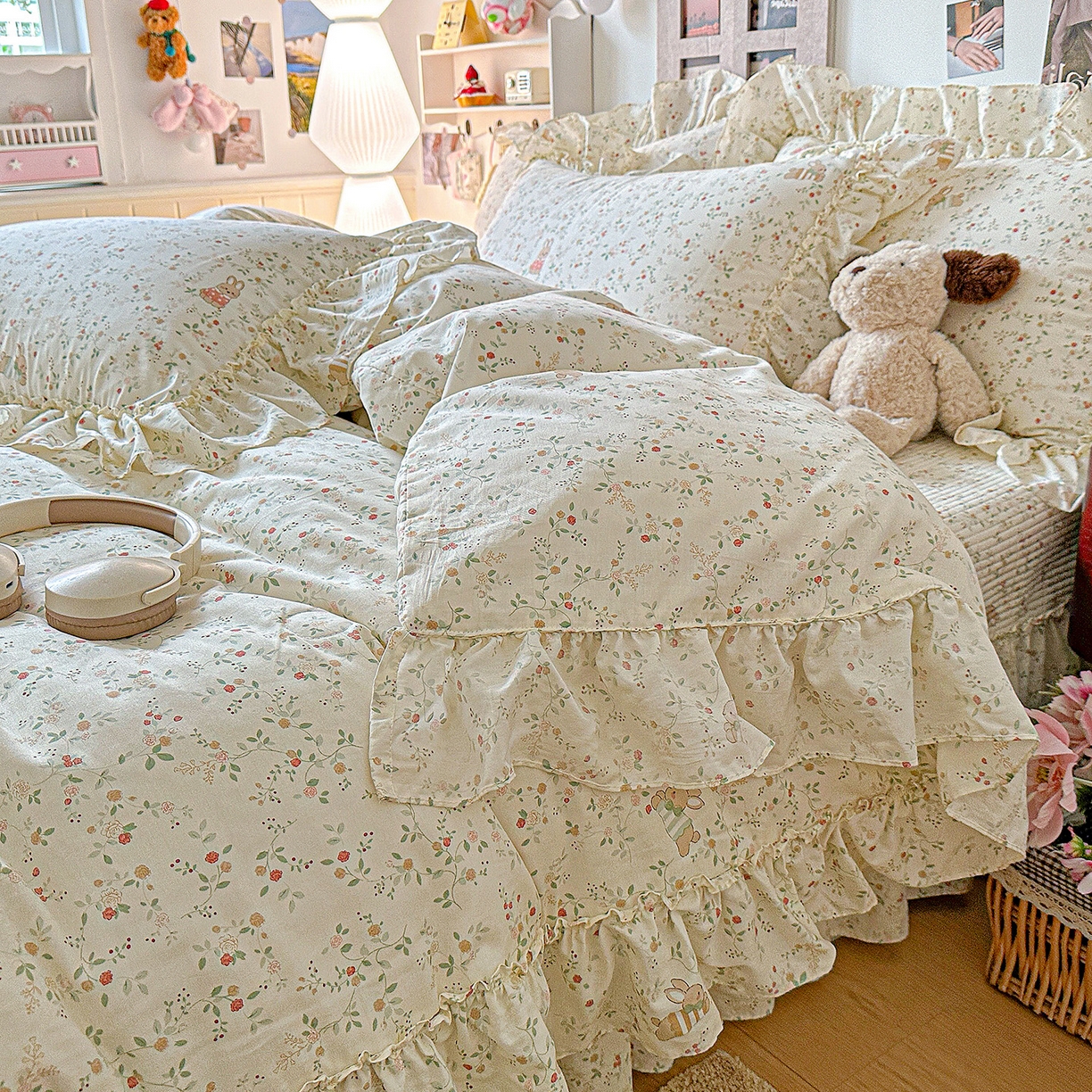 91家纺网 家纺一手货源 找家纺 家维家纺 2026新款（常年不断货）A类全棉夹棉韩系大花边高温砂洗床盖四件套【提供买家秀】 月兔花园