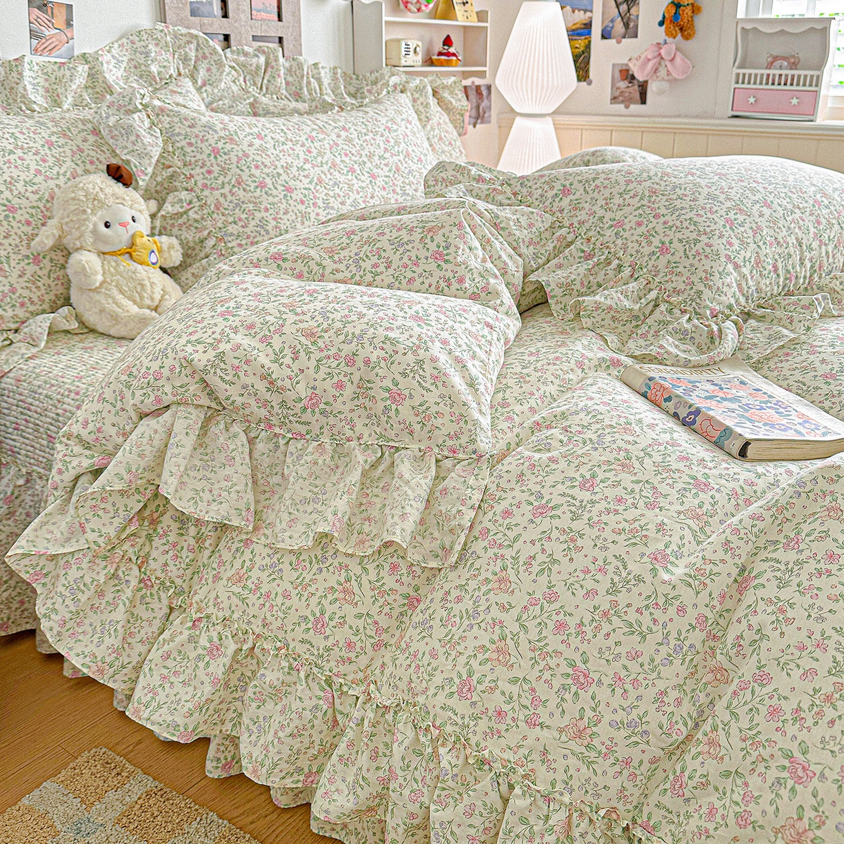 91家纺网 家纺一手货源 找家纺 家维家纺 2026新款（常年不断货）A类全棉夹棉韩系大花边高温砂洗床盖四件套【提供买家秀】 漫花-粉