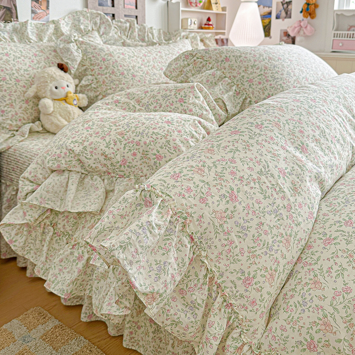 91家纺网 家纺一手货源 找家纺 家维家纺 2026新款（常年不断货）A类全棉夹棉韩系大花边高温砂洗床盖四件套【提供买家秀】 漫花-粉