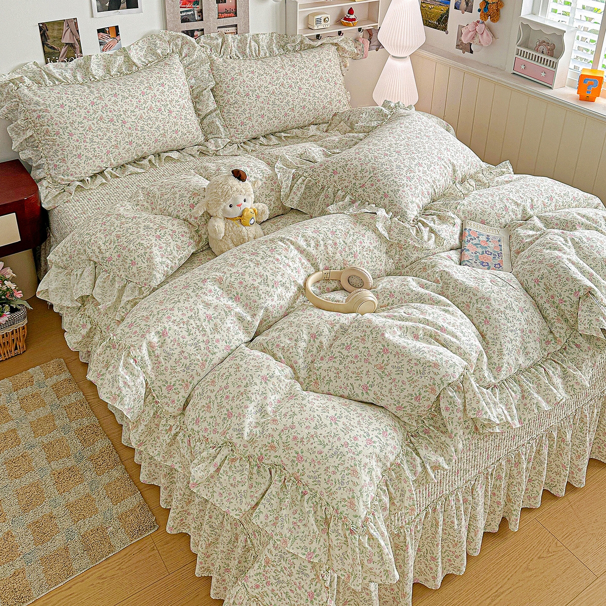 91家纺网 家纺一手货源 找家纺 家维家纺 2026新款（常年不断货）A类全棉夹棉韩系大花边高温砂洗床盖四件套【提供买家秀】 漫花-粉