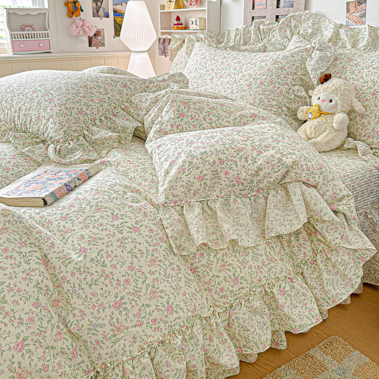 91家纺网 家纺一手货源 找家纺 家维家纺 2026新款（常年不断货）A类全棉夹棉韩系大花边高温砂洗床盖四件套【提供买家秀】 漫花-粉