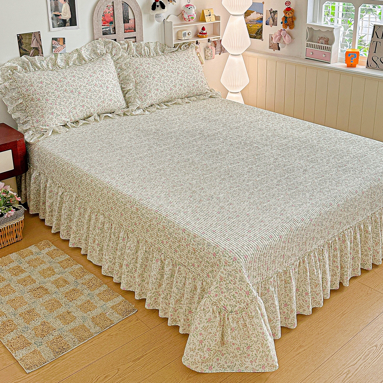 91家纺网 家纺一手货源 找家纺 家维家纺 2026新款（常年不断货）A类全棉夹棉韩系大花边高温砂洗床盖四件套【提供买家秀】 漫花-粉