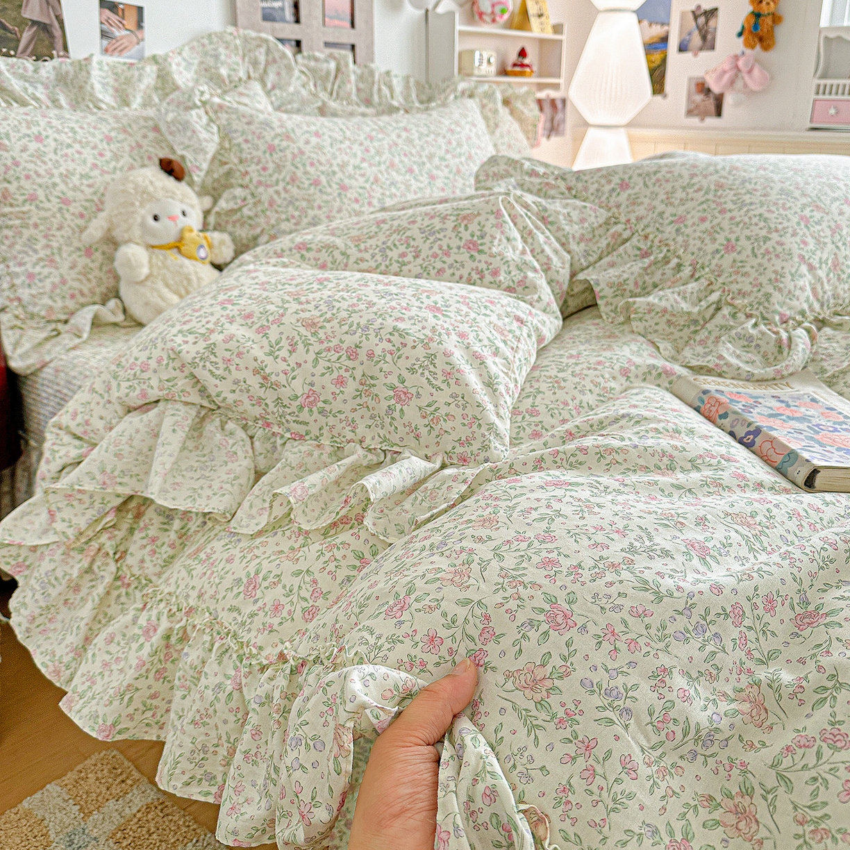 91家纺网 家纺一手货源 找家纺 家维家纺 2026新款（常年不断货）A类全棉夹棉韩系大花边高温砂洗床盖四件套【提供买家秀】 漫花-粉