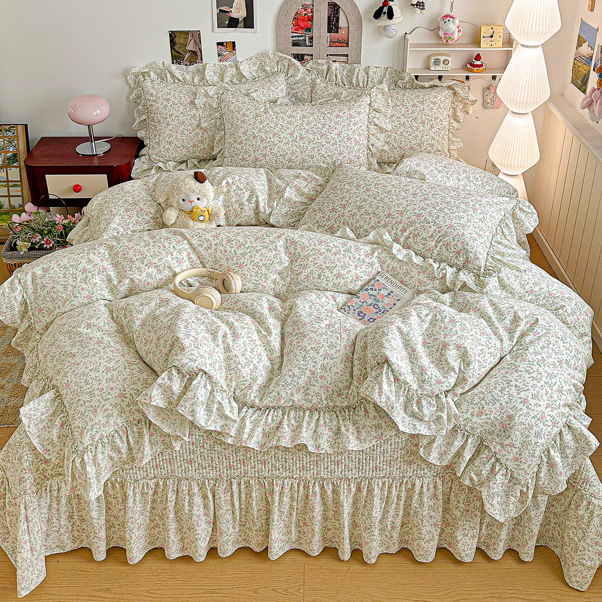 家维家纺 2026新款（常年不断货）A类全棉夹棉韩系大花边高温砂洗床盖四件套【提供买家秀】 漫花-粉