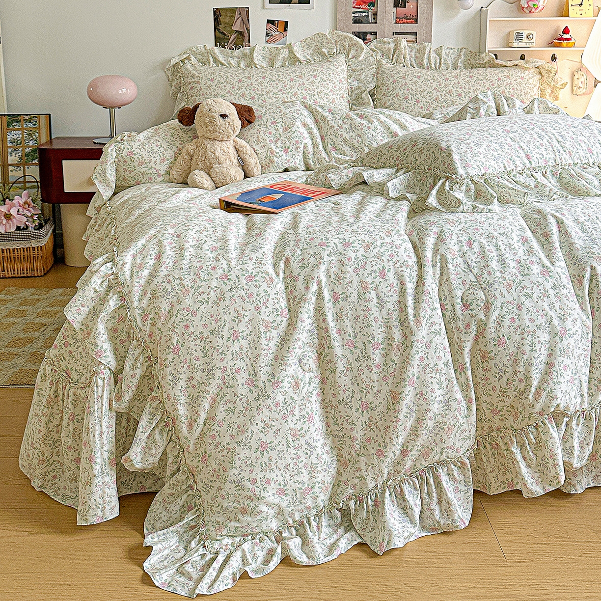 91家纺网 家纺一手货源 找家纺 家维家纺 2026新款（常年不断货）A类全棉夹棉韩系大花边高温砂洗床盖四件套【提供买家秀】 漫花-粉