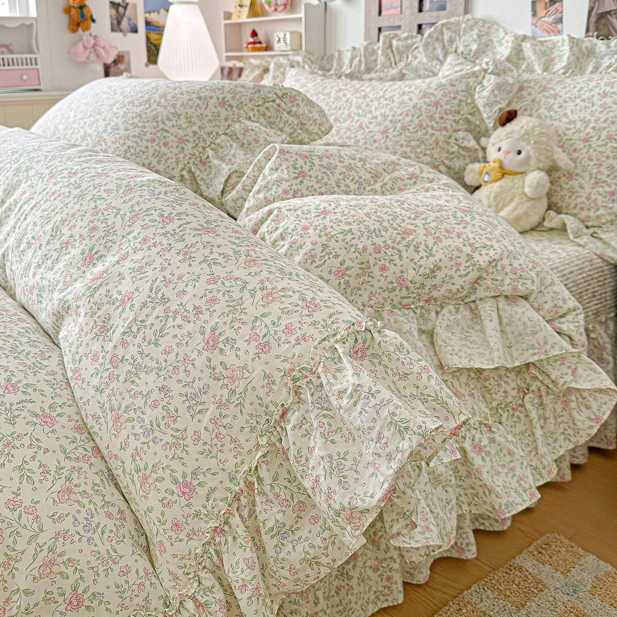 91家纺网 家纺一手货源 找家纺 家维家纺 2026新款（常年不断货）A类全棉夹棉韩系大花边高温砂洗床盖四件套【提供买家秀】 漫花-粉