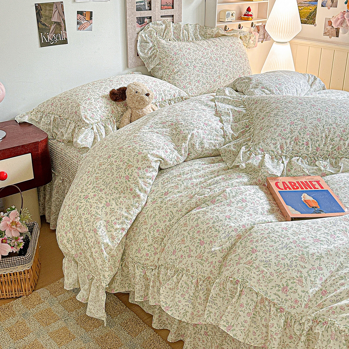 91家纺网 家纺一手货源 找家纺 家维家纺 2026新款（常年不断货）A类全棉夹棉韩系大花边高温砂洗床盖四件套【提供买家秀】 漫花-粉