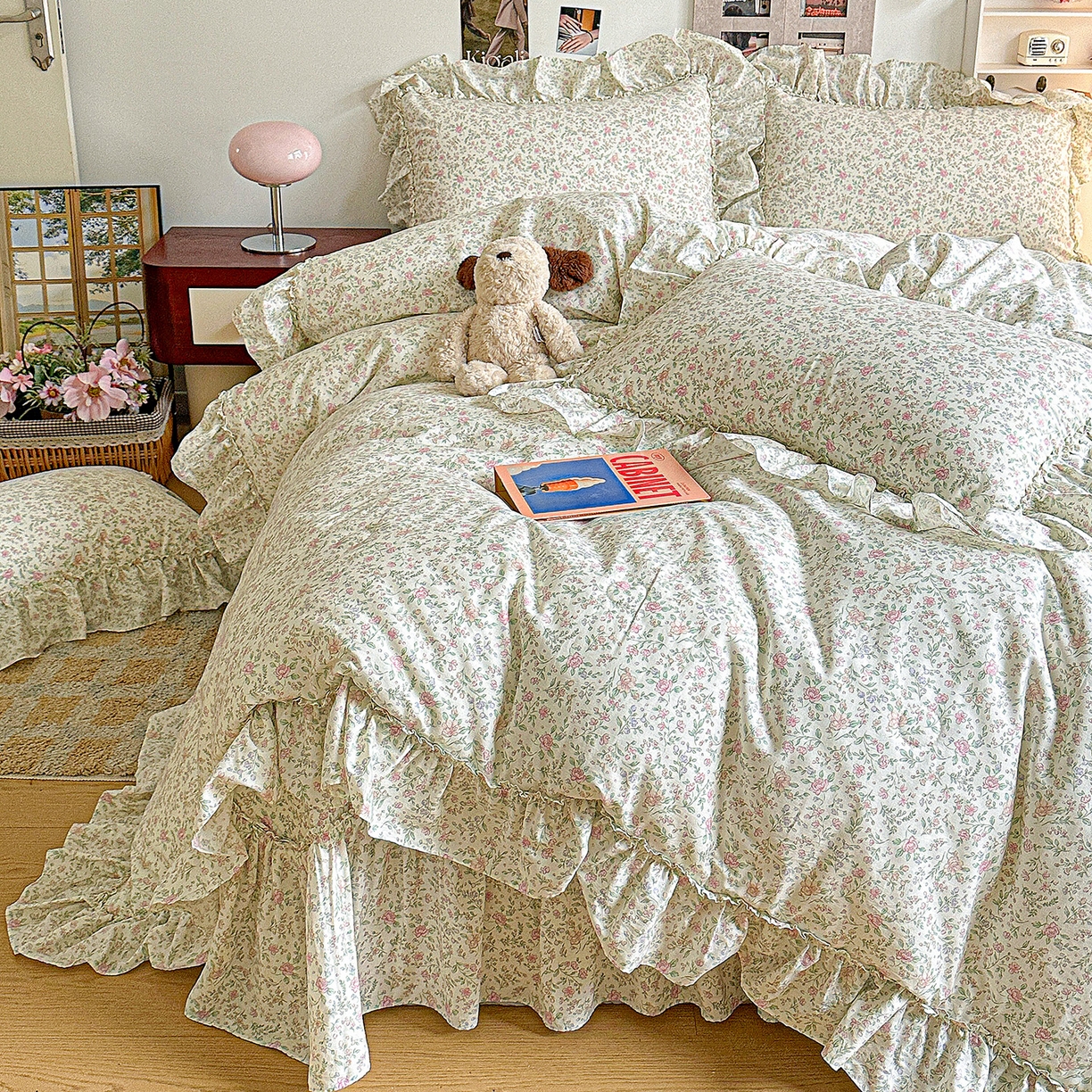 91家纺网 家纺一手货源 找家纺 家维家纺 2026新款（常年不断货）A类全棉夹棉韩系大花边高温砂洗床盖四件套【提供买家秀】 漫花-粉