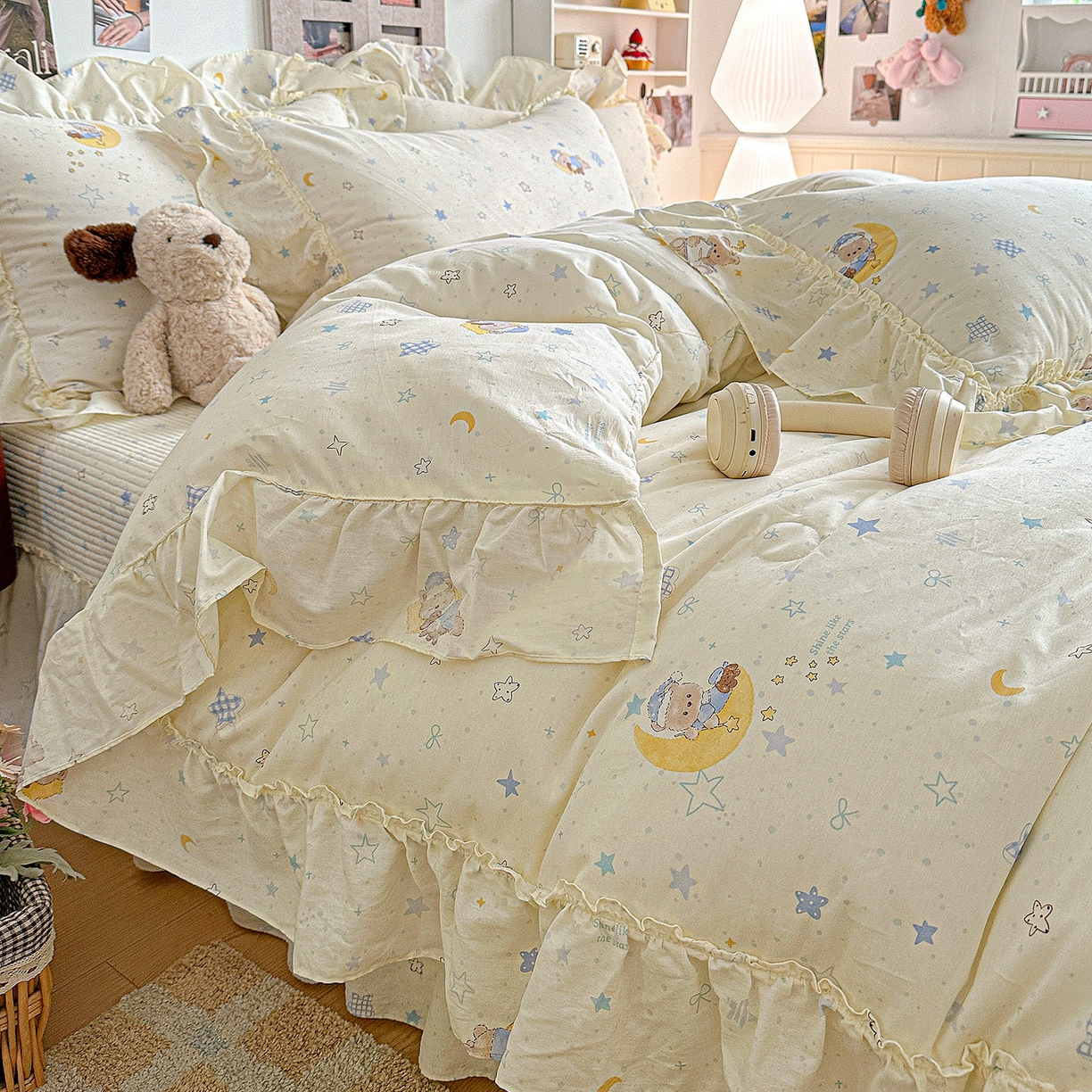 91家纺网 家纺一手货源 找家纺 家维家纺 2026新款（常年不断货）A类全棉夹棉韩系大花边高温砂洗床盖四件套【提供买家秀】 甜梦小熊