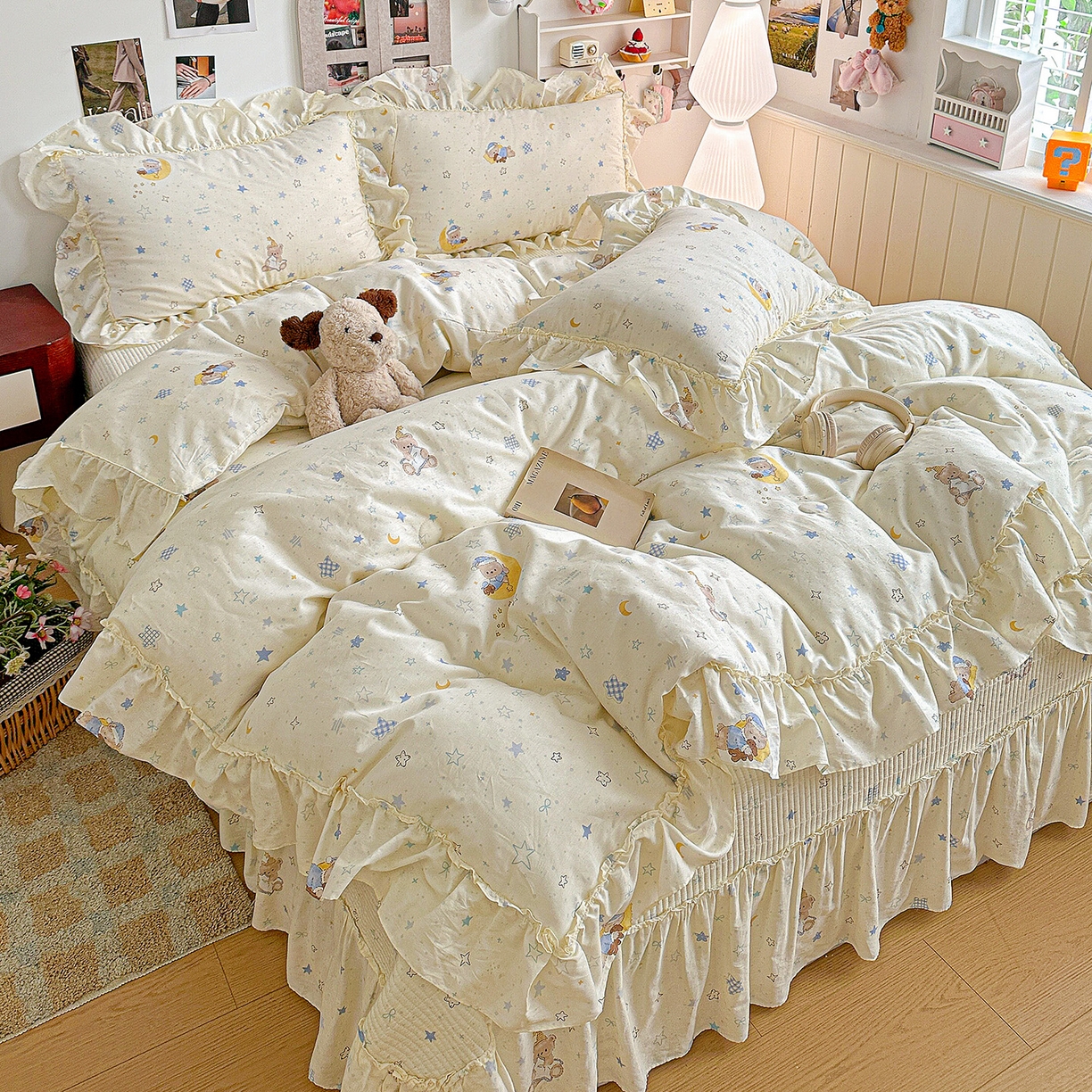 91家纺网 家纺一手货源 找家纺 家维家纺 2026新款（常年不断货）A类全棉夹棉韩系大花边高温砂洗床盖四件套【提供买家秀】 甜梦小熊