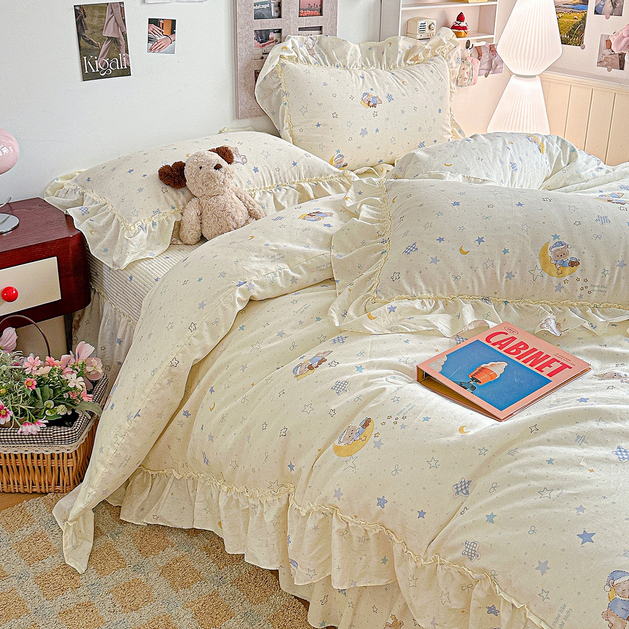 91家纺网 家纺一手货源 找家纺 家维家纺 2026新款（常年不断货）A类全棉夹棉韩系大花边高温砂洗床盖四件套【提供买家秀】 甜梦小熊